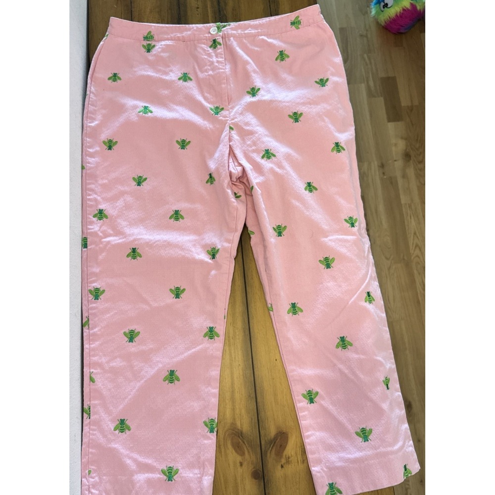 Lilly Pulitzer Pink Honeycomb Pants Green Bumble Bees Womens SZ 12 Hi Rise Ankle